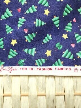 1997 Alma Lynne Christmas Tree Blue Cotton Fabric Stars Hearts Holly Vintage